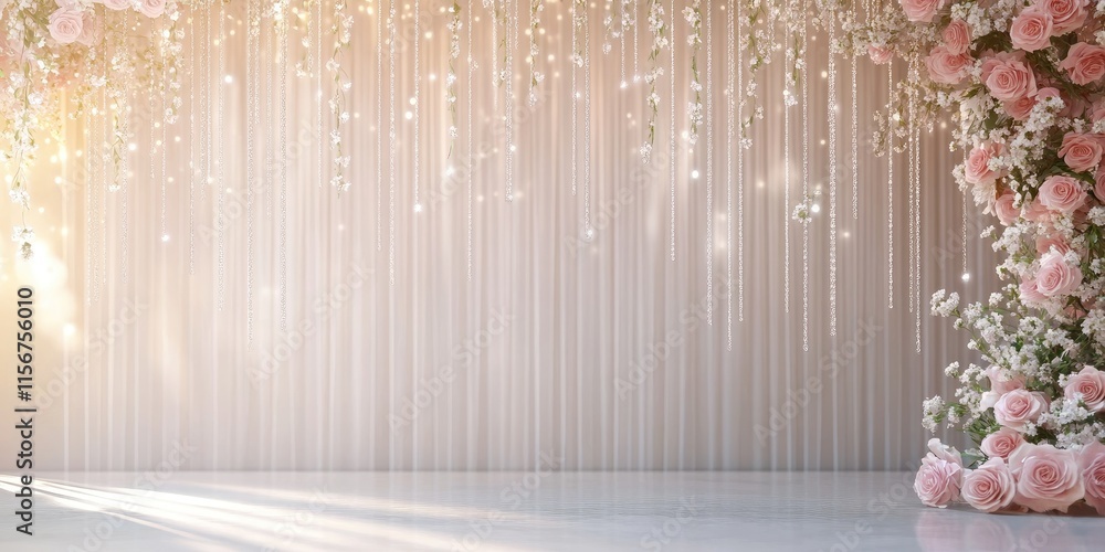 Elegant wedding backdrop with crystal curtains and floral arrangements creating a romantic atmosphere for ceremonies and receptions Elegant wedding backdrop with crystal curtains and floral arrangements creating a romantic atmosphere for ceremonies and receptions
