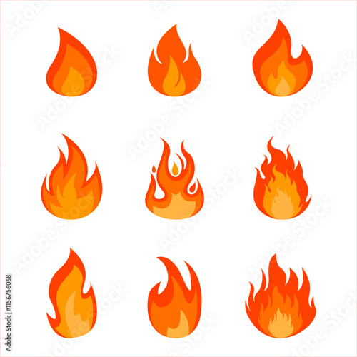 Set of fire icons. Flame design of different shapes. Simple vector flame icons in flat style.