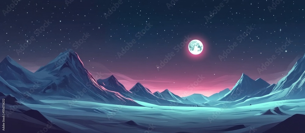 Obraz premium Serene winter mountains bathed in moonlight with vast sky and gentle gradient for creative text overlay or design elements