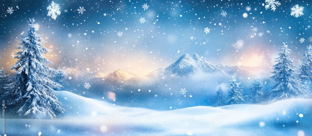 Majestic snowy mountain peak in a serene winter landscape surrounded by mist and falling snowflakes with ample space for text or content Majestic snowy mountain peak in a serene winter landscape surrounded by mist and falling snowflakes with ample space for text or content
