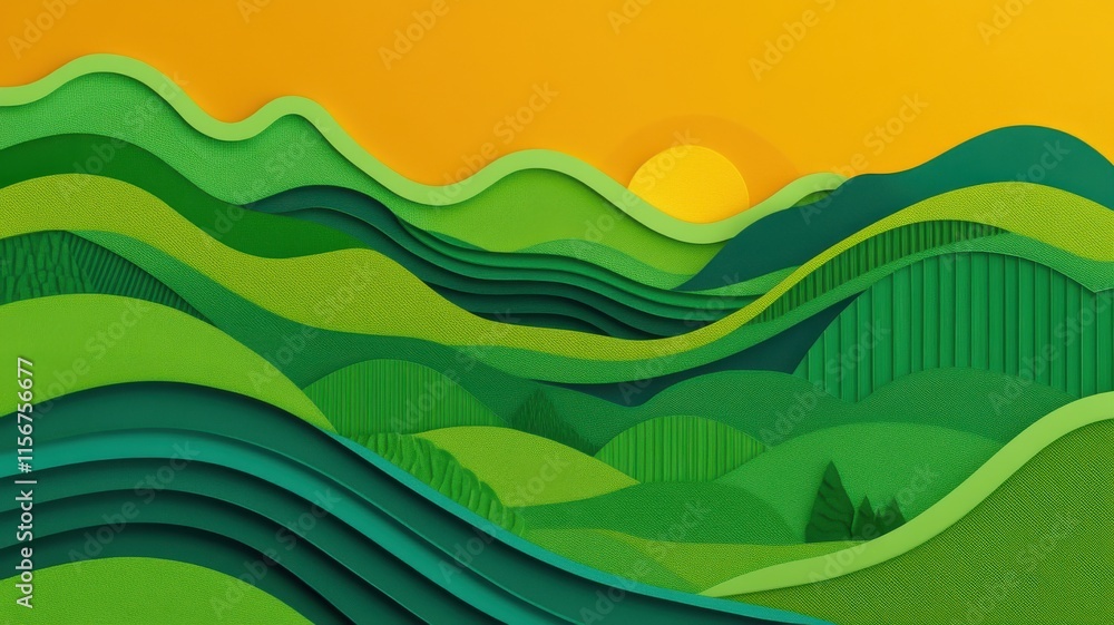 Obraz premium Vibrant green hills and valleys under a golden sunset sky.