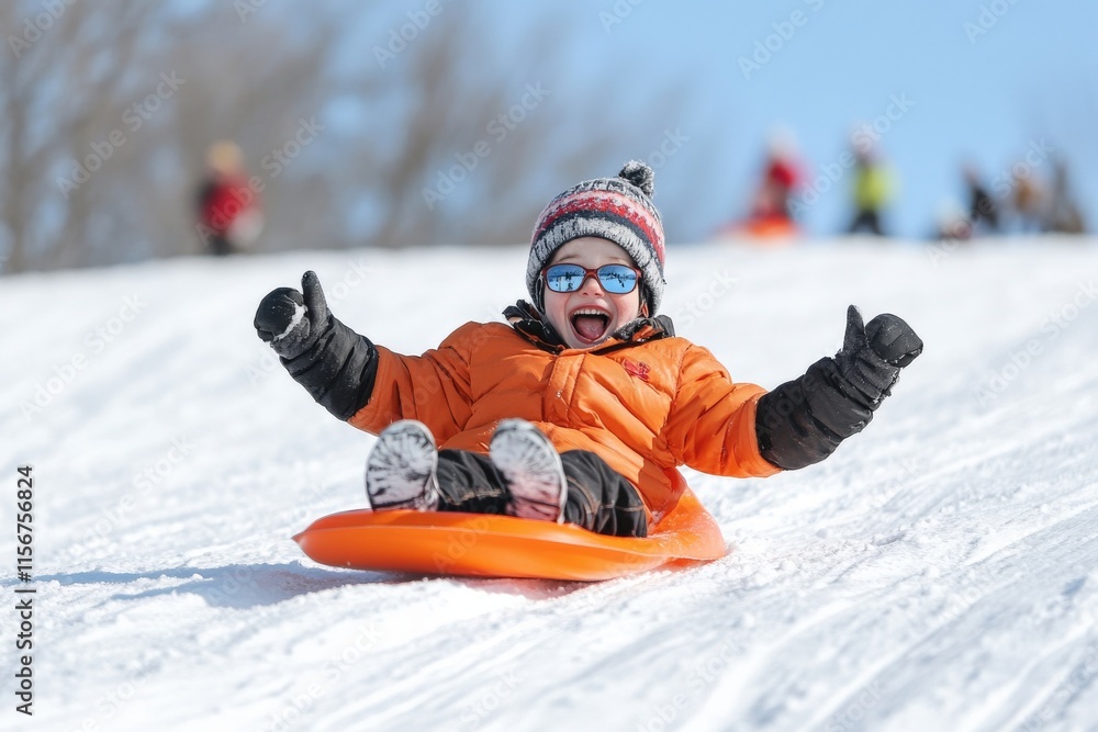 Excited Child in Bright Orange Jacket Joyfully Sledding Down Snowy Hill on Sleigh, Showcasing Fun Winter Activity with Clear Blue Sky and Cheerful Atmosphere Excited Child in Bright Orange Jacket Joyfully Sledding Down Snowy Hill on Sleigh, Showcasing Fun Winter Activity with Clear Blue Sky and Cheerful Atmosphere