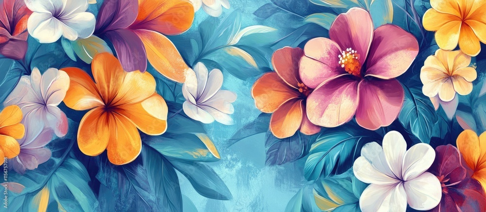 Vibrant Floral Canvas Art Print for Home and Office Decor with Colorful Flowers and Blue Background Featuring Empty Space for Personalization Vibrant Floral Canvas Art Print for Home and Office Decor with Colorful Flowers and Blue Background Featuring Empty Space for Personalization