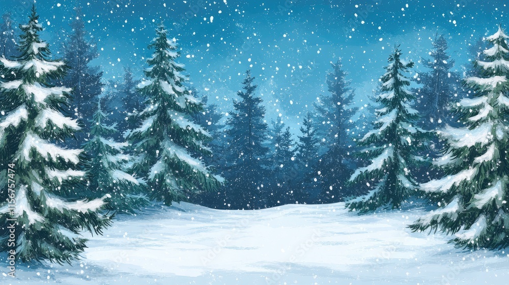 Obraz premium Snowy Evergreen Pine Forest Landscape with Falling Snowflakes and Empty Space for Text or Graphics in a Winter Setting
