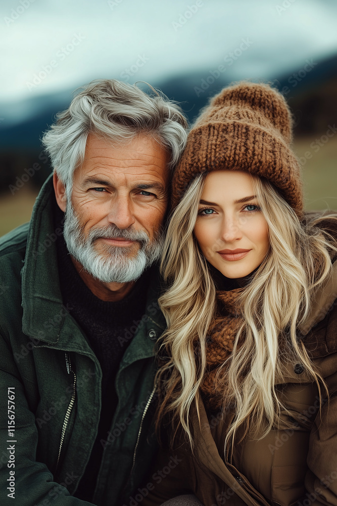 Portrait of a happy, beautiful blonde woman with her handsome, gray-haired companion in the mountains, wearing warm and fashionable accessories in a casual style. Portrait of a happy, beautiful blonde woman with her handsome, gray-haired companion in the mountains, wearing warm and fashionable accessories in a casual style.