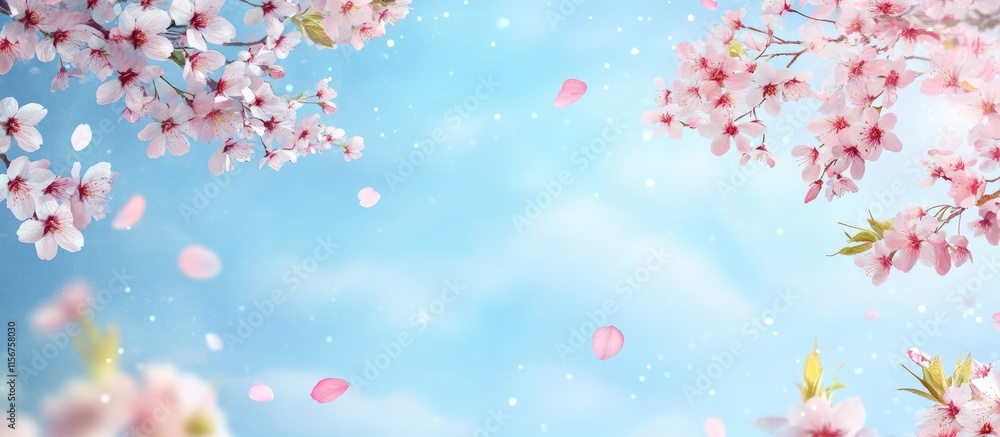 Blossoming cherry tree in spring with blank white paper for greeting card invitation design and copy space on a soft blue background Blossoming cherry tree in spring with blank white paper for greeting card invitation design and copy space on a soft blue background
