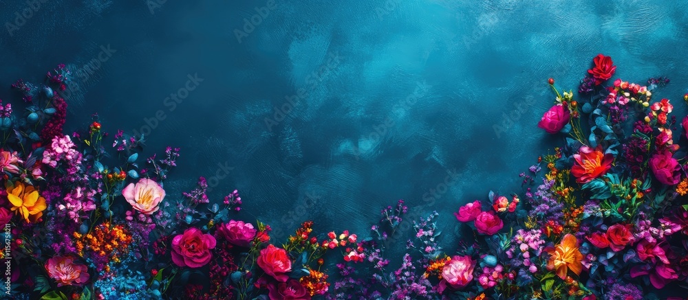 Obraz premium Vibrant floral backdrop with rich colors on a blue background providing ample space for text or creative design elements