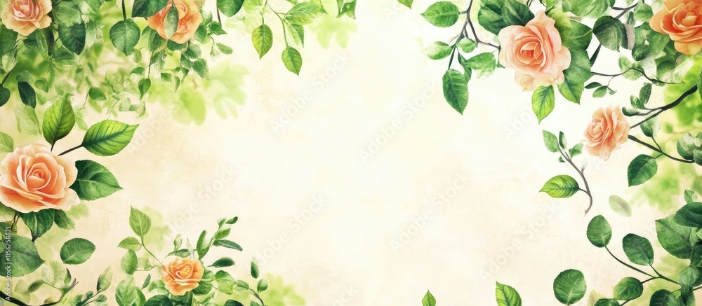 Floral Border Design with Soft Roses and Green Leaves Ideal for Elegant Invitations or Nature Inspired Artwork Floral Border Design with Soft Roses and Green Leaves Ideal for Elegant Invitations or Nature Inspired Artwork