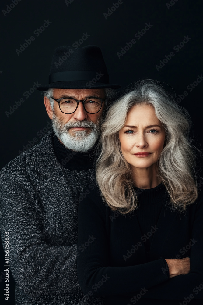 Portrait of an elegant middle-aged couple, dressed in stylish and modern attire. Close relationship concept. Portrait of an elegant middle-aged couple, dressed in stylish and modern attire. Close relationship concept.