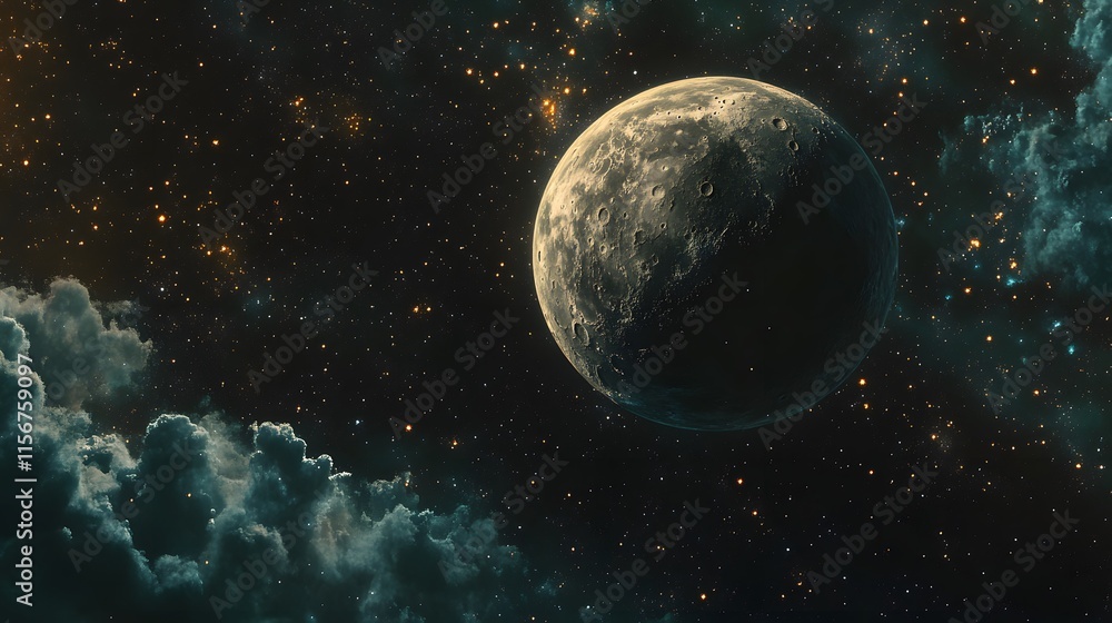 Fototapeta premium A Cratered Moon in a Starry Cosmic Nebula