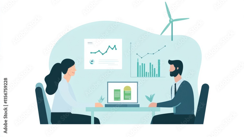 Two Professionals Collaborating on Sustainable Business Strategy with Charts, Graphs, and Eco-Friendly Energy Concepts in a Modern Office Environment Two Professionals Collaborating on Sustainable Business Strategy with Charts, Graphs, and Eco-Friendly Energy Concepts in a Modern Office Environment