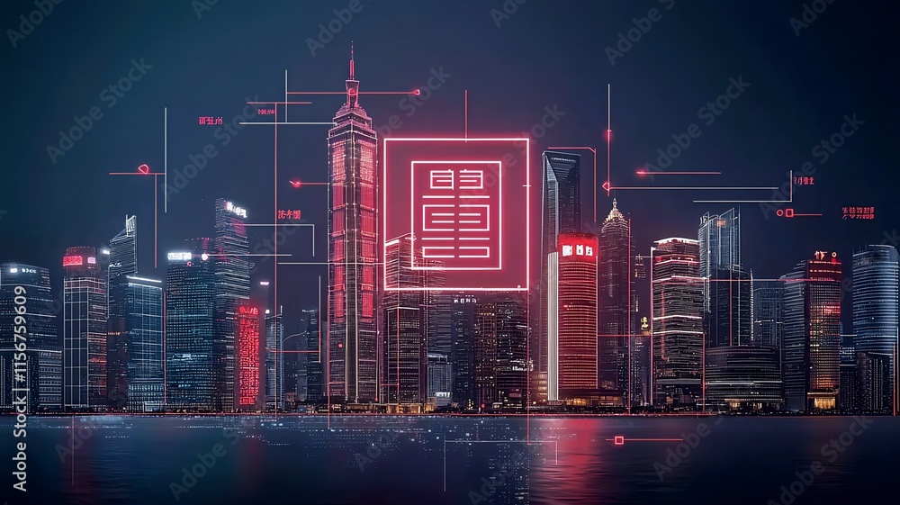 Futuristic Chinese New Year Hologram Cityscape with Vibrant Red and Gold Neon Lights Transparent Overlay for Text and Cybernetic Vibe