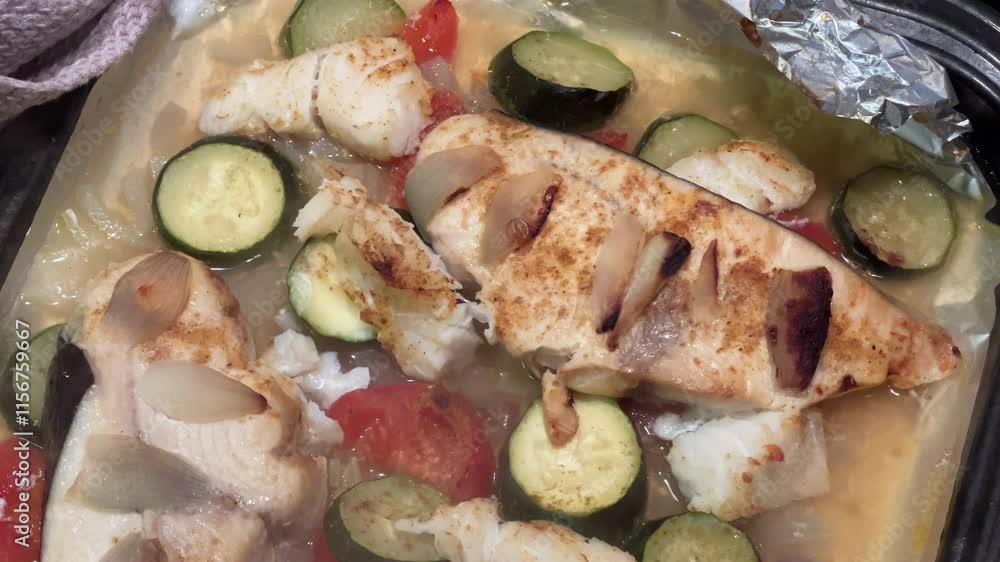 Steaming hot baked seafood with vegetables Steaming hot baked seafood with vegetables