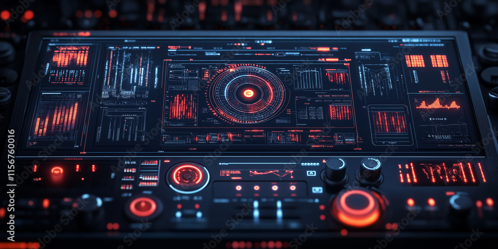 Obraz premium Futuristic data visualization interface virtual control room digital dashboard high-tech environment close-up view concept of advanced analytics