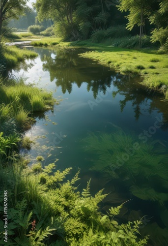 Emerald green algae bloom blankets still pond surface,  pond scum,  ecosystem,  spring photo