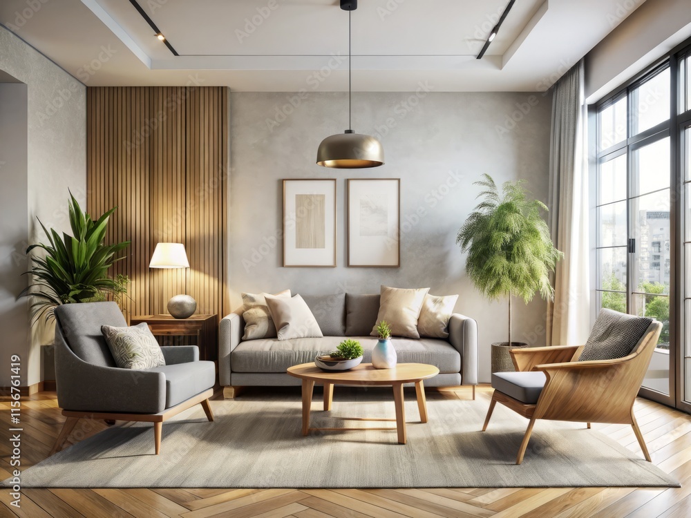 Fototapeta premium Wide-Angle Living Room Interior Design with Mockup Poster: AI Generated Home Decor