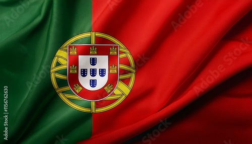 Obraz na plátně Portugal flag wavering in beautiful clouds with building skyline