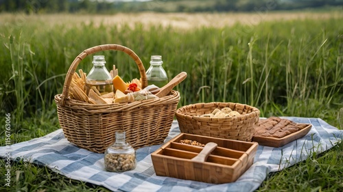 A picnic basket filled with food and drinks is laid out on a checkered blanket in a grassy field
