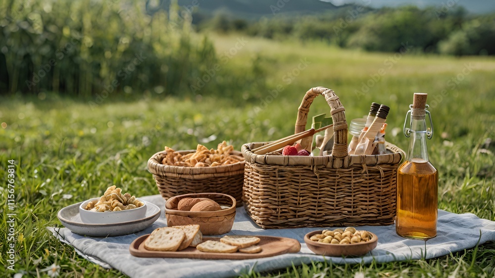 A picnic basket filled with food and a bottle of oil is on a blanket in a grassy field A picnic basket filled with food and a bottle of oil is on a blanket in a grassy field