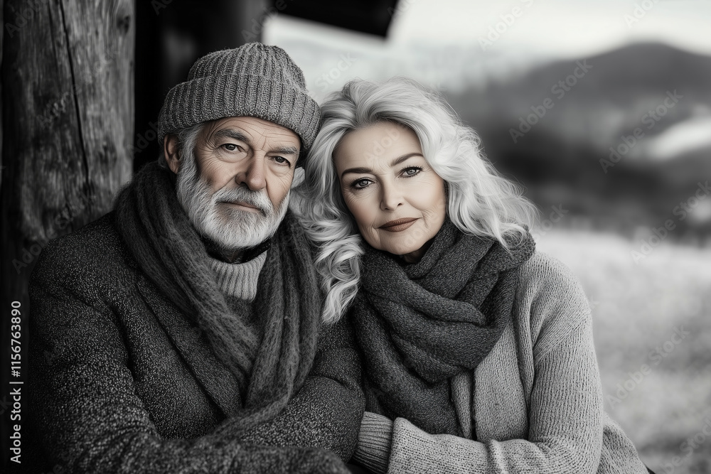 Portrait of an attractive senior couple in love, wearing winter clothes and sitting outside at a cabin on Valentine's Day Portrait of an attractive senior couple in love, wearing winter clothes and sitting outside at a cabin on Valentine's Day