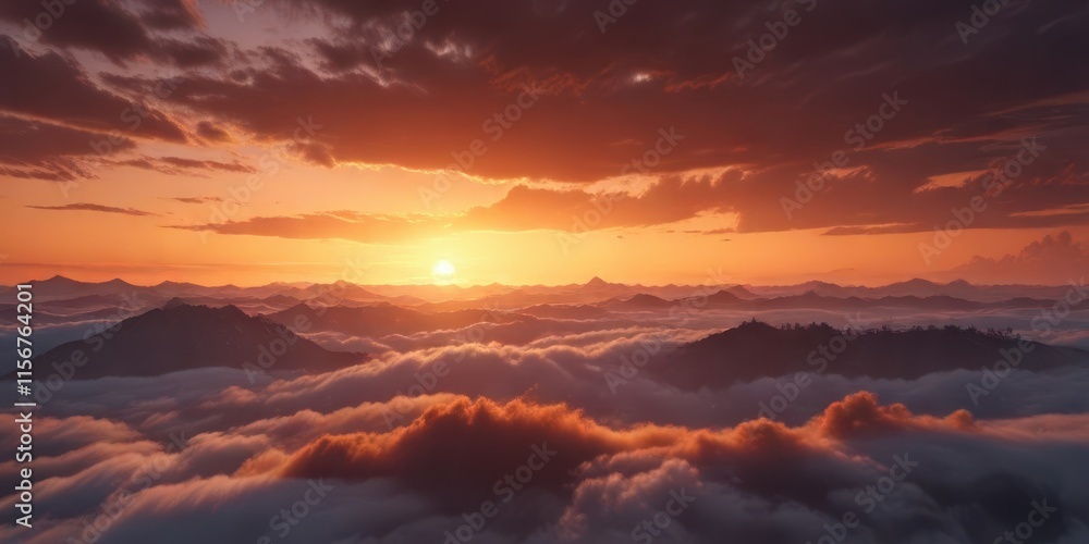 Vibrant orange hues of the setting sun peek through scattered cloudy layers, colorful, atmosphere, vibrant Vibrant orange hues of the setting sun peek through scattered cloudy layers, colorful, atmosphere, vibrant