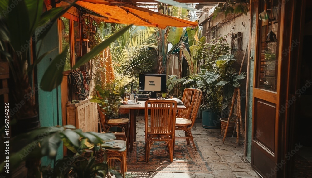 Fototapeta premium Tranquil Patio Dining Area With Lush Greenery