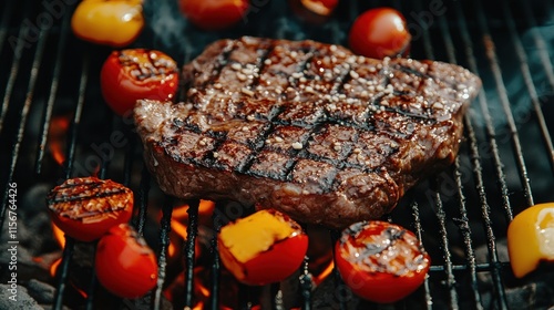 Grilled steak with vegetables on hot barbecue grill. photo