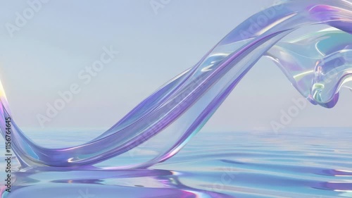 Transparent fluid ribbon with iridescent hues flowing over a reflective surface under soft light