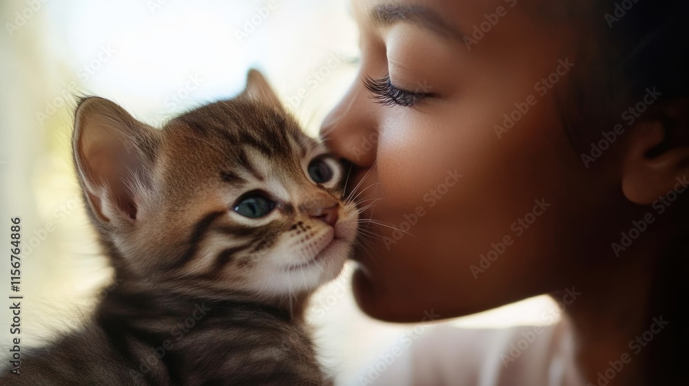 Young person shows affection to a kitten while indoors Young person shows affection to a kitten while indoors