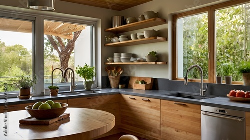 A kitchen with a wooden counter and a silver dishwasher. The kitchen has a lot of dishes and utensils on the shelves, and a bowl of fruit on the table. Scene is cozy and inviting