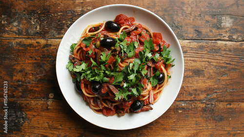 top-down of a plate of Spaghetti Puttanesca in the white dish on wooden table. photo