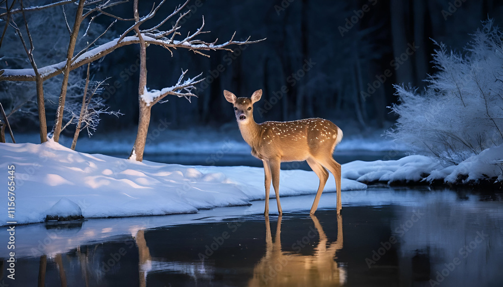 deer in the snow A beautiful adult Deer, against a forest background in winter deer in the snow A beautiful adult Deer, against a forest background in winter