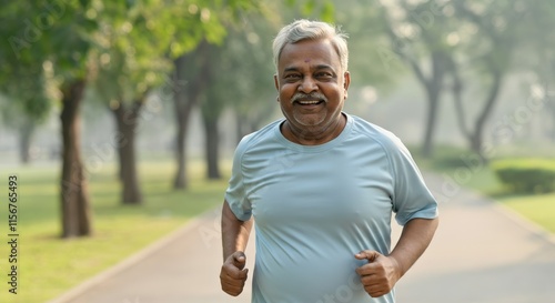 Elderly indian man enjoying morning jog in a serene park setting for wellness and fitness inspiration