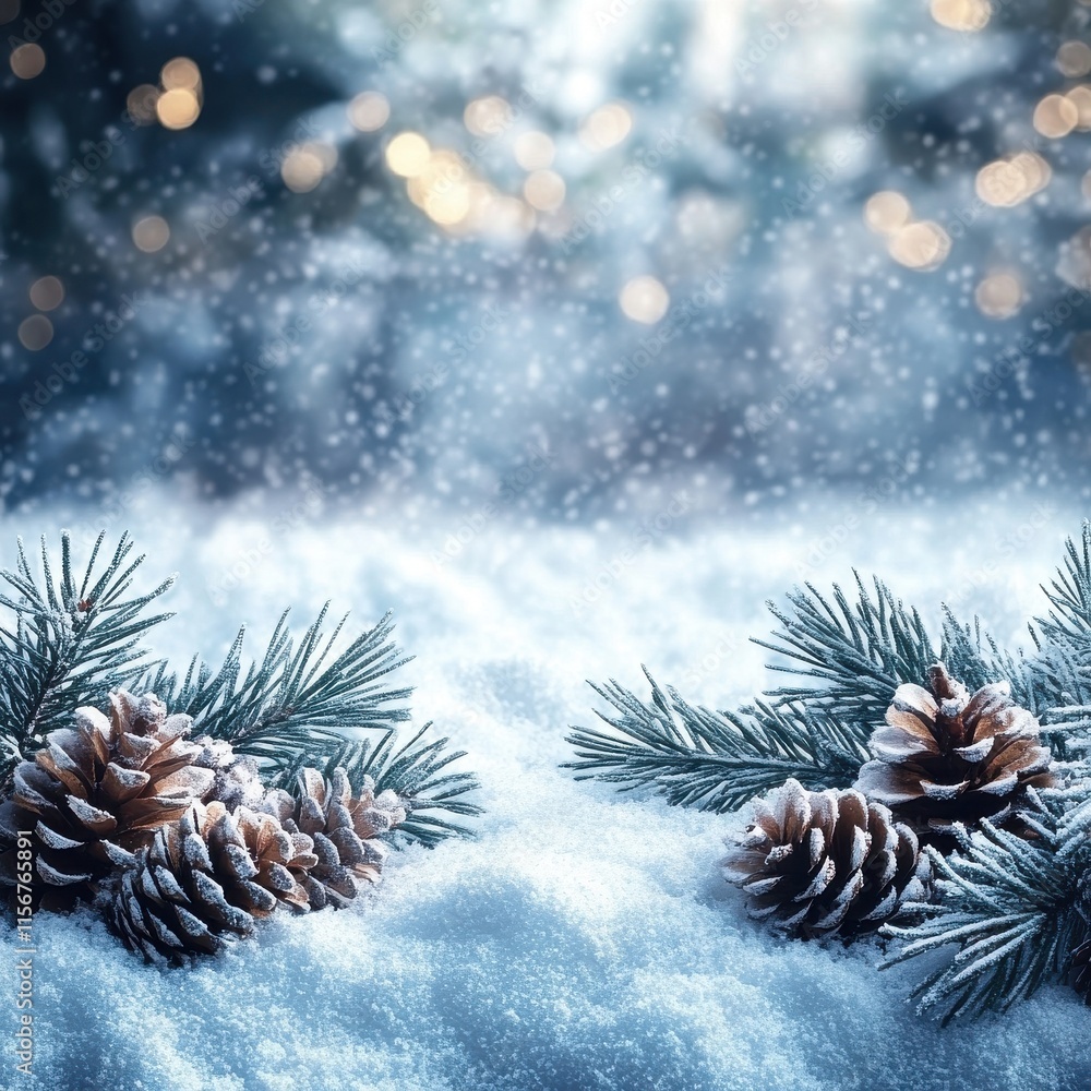 Frosty Winter Scene with Pine Cones and Branches Surrounded by Delicate Snowfall and Soft Bokeh Lights in a Serene Winter Wonderland Atmosphere Frosty Winter Scene with Pine Cones and Branches Surrounded by Delicate Snowfall and Soft Bokeh Lights in a Serene Winter Wonderland Atmosphere