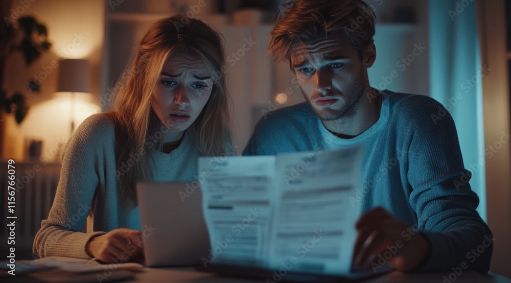 Young couple reviews important documents in dimly lit living room