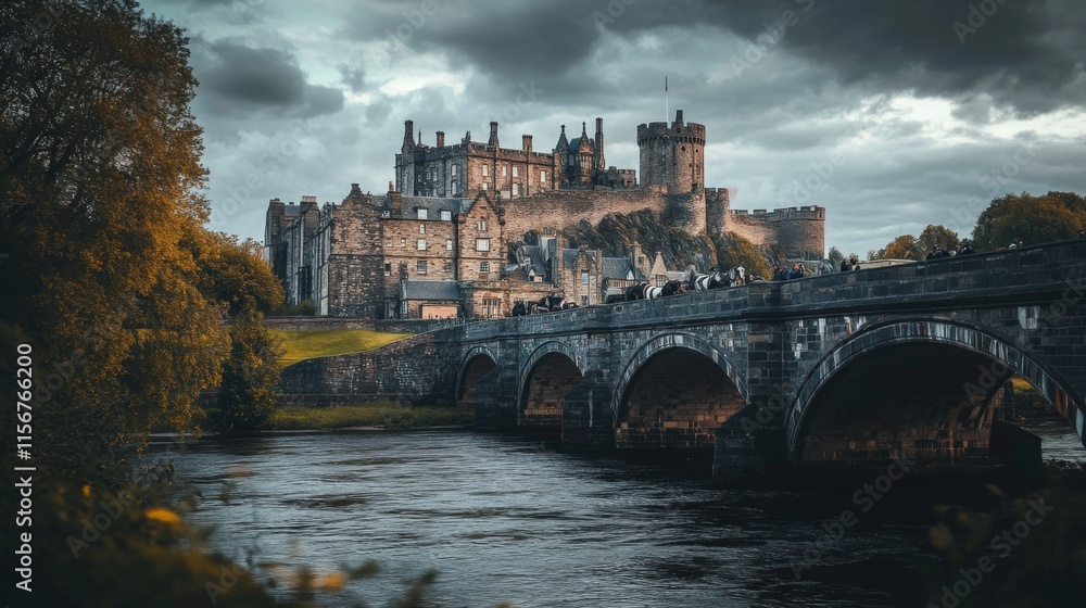 Obraz premium A majestic castle rises over a serene river. The clouds add a dramatic touch to the landscape. This scene evokes mystery and history. Generative AI