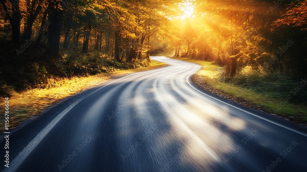 Fototapeta premium Stunning Autumn Road Winding Through Golden Forest: Vibrant Photo, Wide Shot. AI Generated