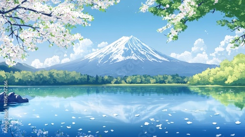 Serene Spring Landscape with Cherry Blossoms and Mount Fuji Reflected in Tranquil Lake Under Bright Blue Sky with Fluffy Clouds