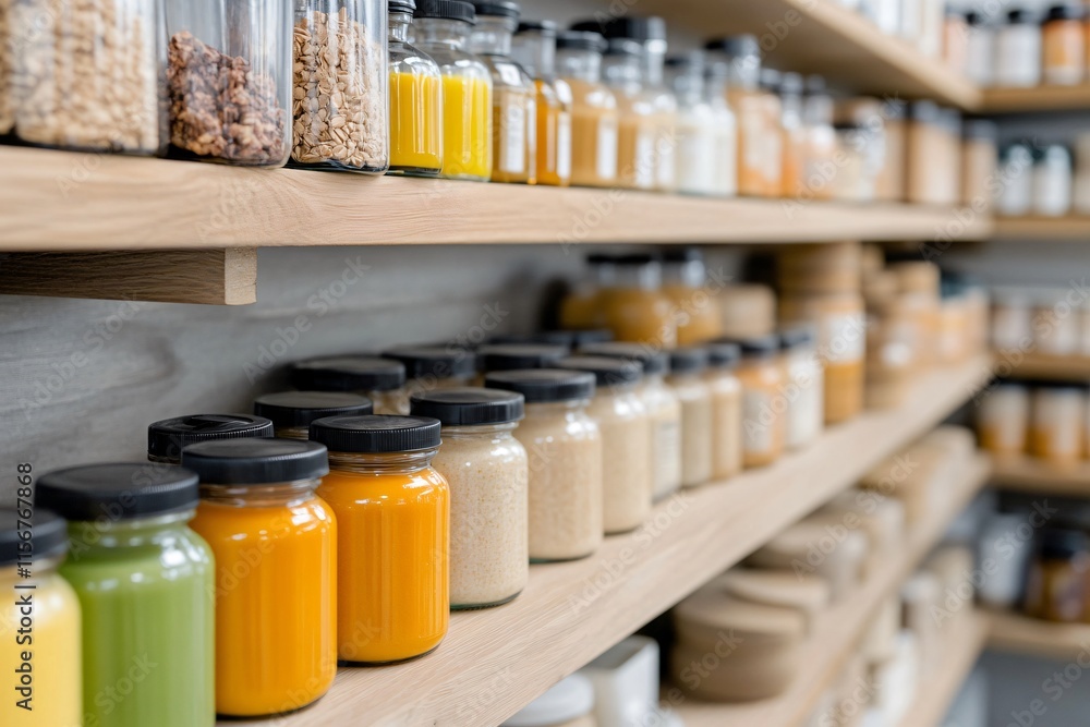 A variety of jars and containers filled with colorful ingredients are neatly arranged on wooden shelves in a modern storage space. A variety of jars and containers filled with colorful ingredients are neatly arranged on wooden shelves in a modern storage space.