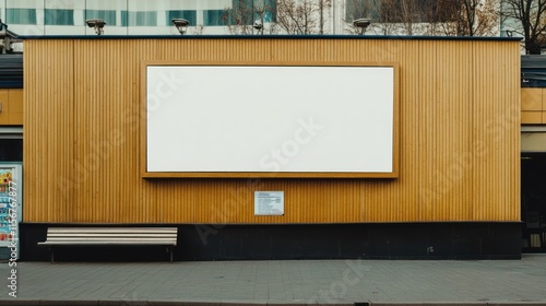 Blank billboard on a wooden wall, urban setting. photo