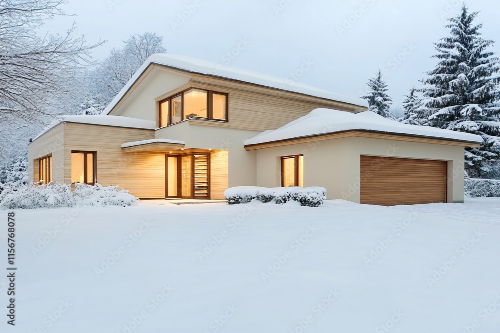 A modern house blanketed in snow, showcasing warm lights from its windows, surrounded by snow-covered trees in a tranquil winter setting. A modern house blanketed in snow, showcasing warm lights from its windows, surrounded by snow-covered trees in a tranquil winter setting.