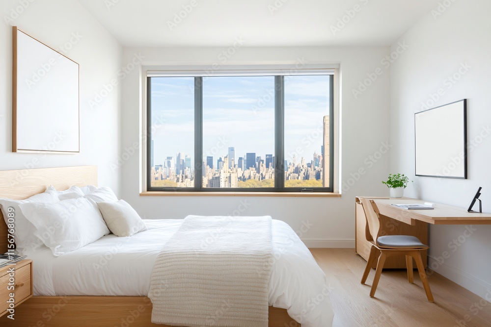 A bright, modern bedroom featuring a large window with a city skyline view, minimalist decor, and a cozy ambiance. A bright, modern bedroom featuring a large window with a city skyline view, minimalist decor, and a cozy ambiance.