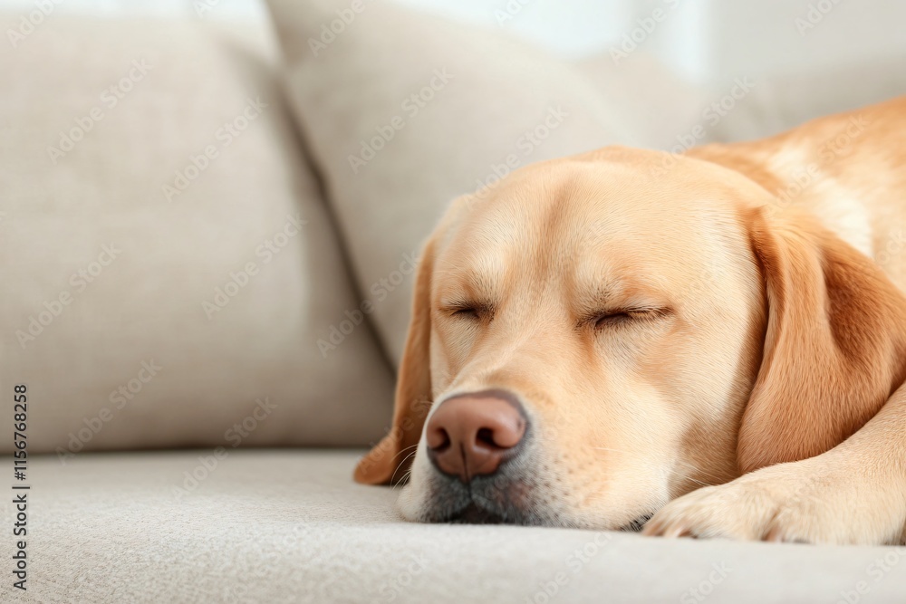A peaceful yellow Labrador retriever sleeping on a beige couch, exuding comfort and tranquility in a cozy indoor setting. A peaceful yellow Labrador retriever sleeping on a beige couch, exuding comfort and tranquility in a cozy indoor setting.