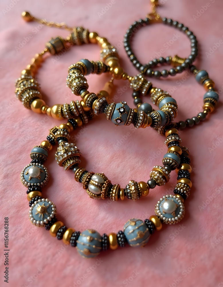 Elegant Beaded Bracelets Dusty Blue Gold Accents Pink Background Elegant Beaded Bracelets Dusty Blue Gold Accents Pink Background