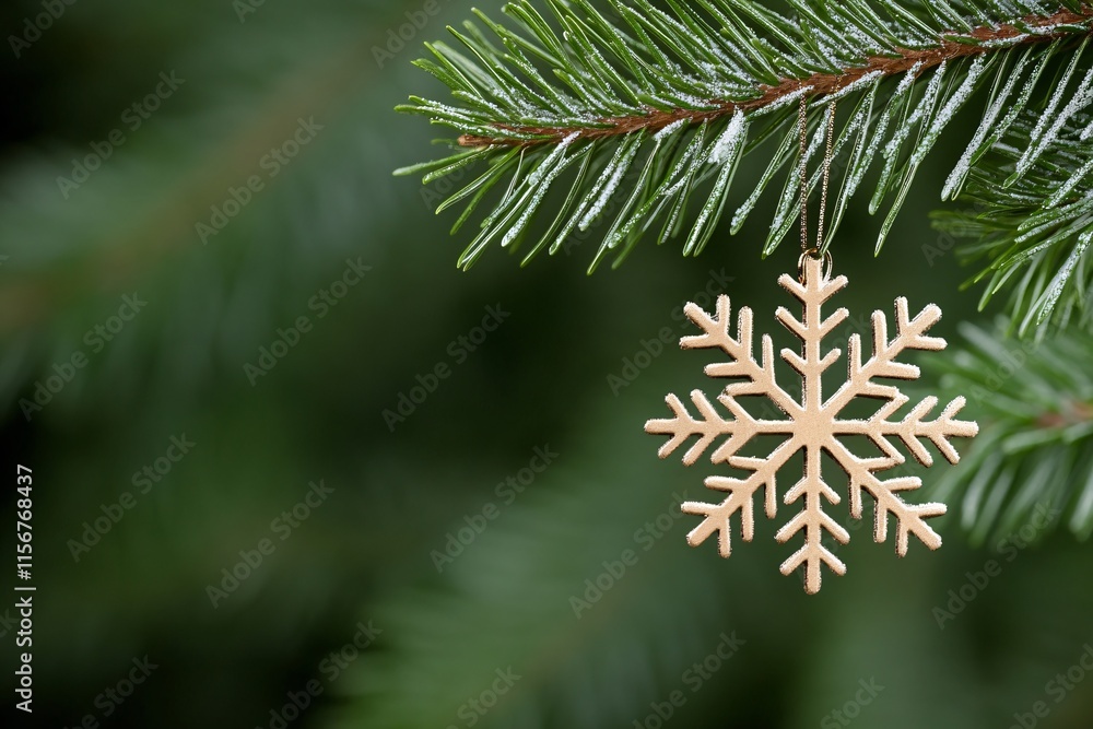 A delicate wooden snowflake ornament hangs from a lush evergreen branch, evoking a cozy winter atmosphere.