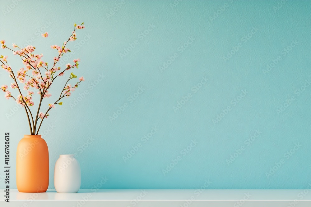 A minimalist display featuring two vases, one orange and one white, with delicate flowers against a calming blue wall. A minimalist display featuring two vases, one orange and one white, with delicate flowers against a calming blue wall.