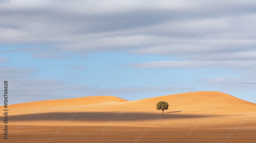 Obraz premium Wide Shot Photo: Lone Tree Stands Silently Against Gently Rolling Desert Dunes Under a Softly Lit Sky. AI Generated