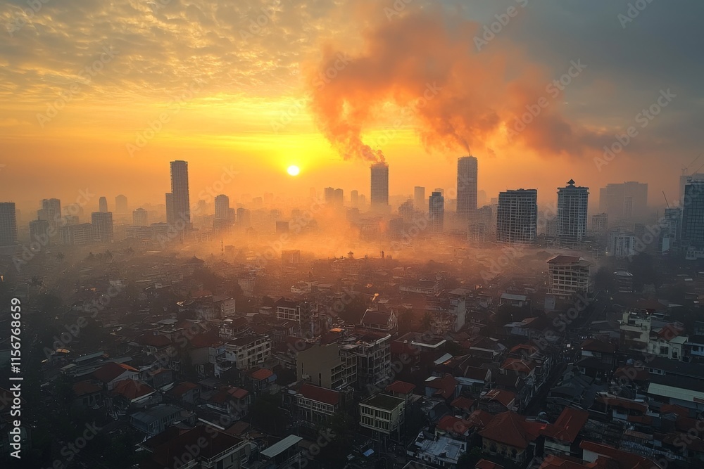 Fototapeta premium Air pollution in crowded city full of fog and smoke