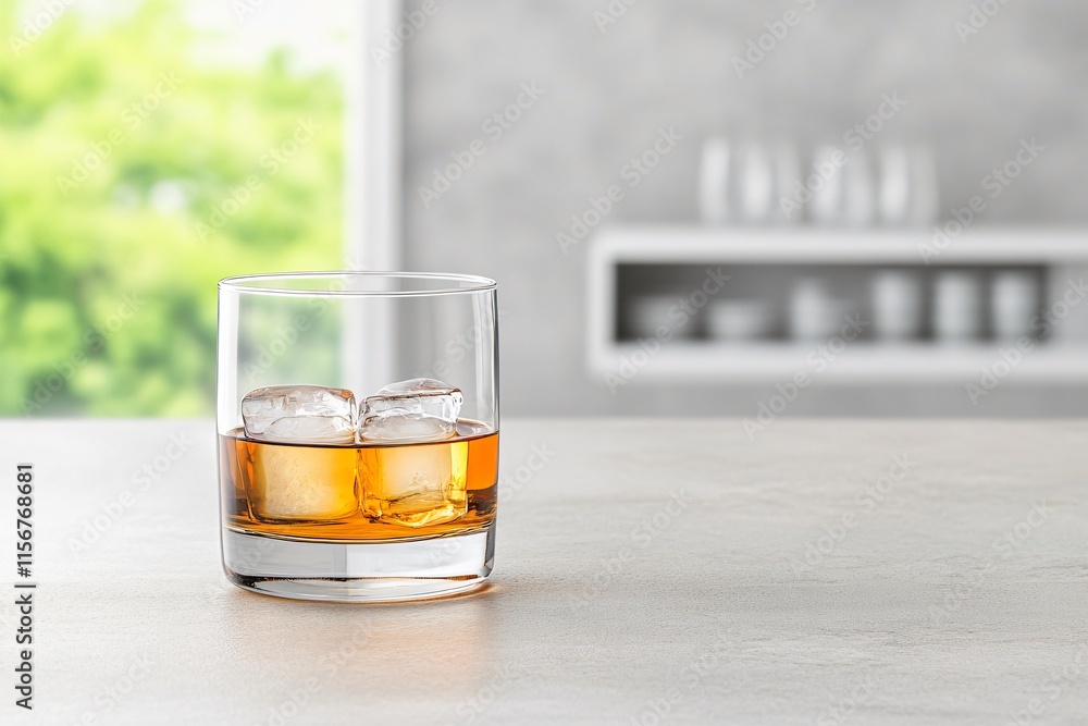 A clear glass of whiskey sits on a light table, with ice cubes inside, against a blurred green background. A clear glass of whiskey sits on a light table, with ice cubes inside, against a blurred green background.