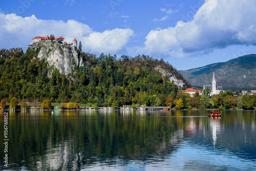 A view of St. Martin's Church and Bled Castle.